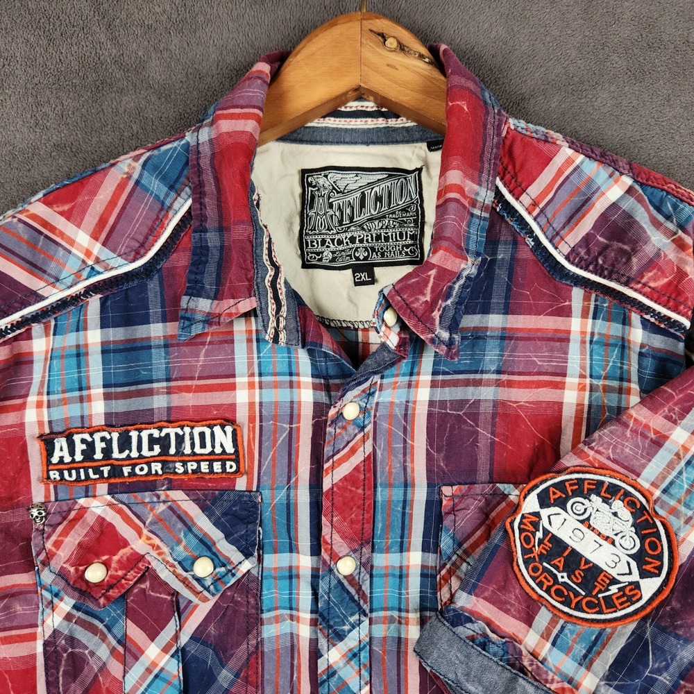 Affliction Black Premium Shirt Mens 2XL Plaid Pearl Snap Short Sleeve Patches